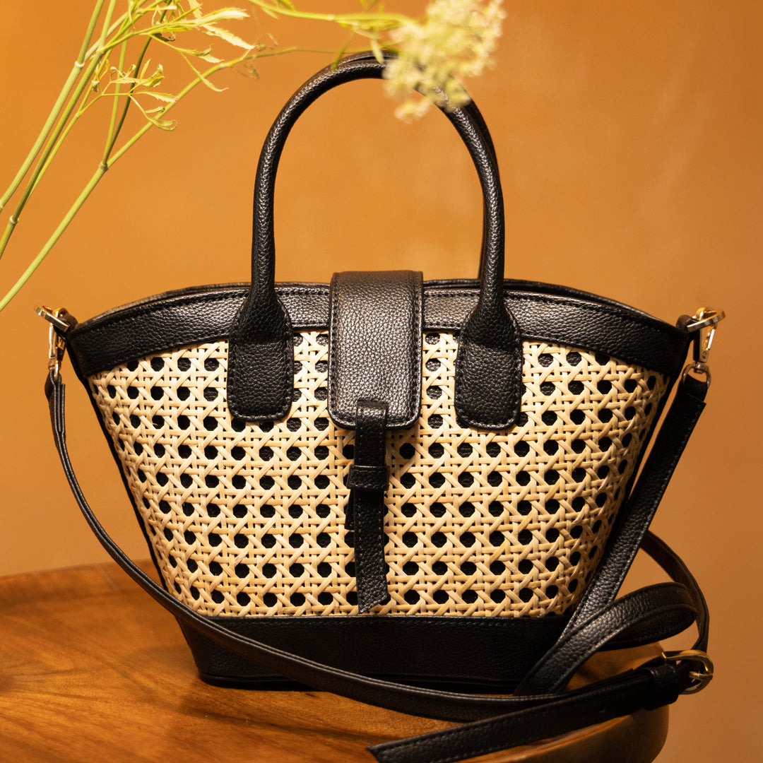 Solana Handbag – Handwoven Bamboo Cane & Vegan Leather Bag (Natural Black) - Suave Bags  #