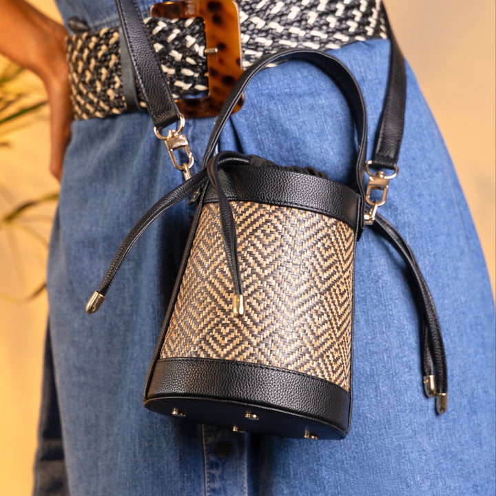 The Amara Bucket – Woven Bamboo Cane &amp; Vegan Leather Handbag (Midnight Black) - Suave Bags  
