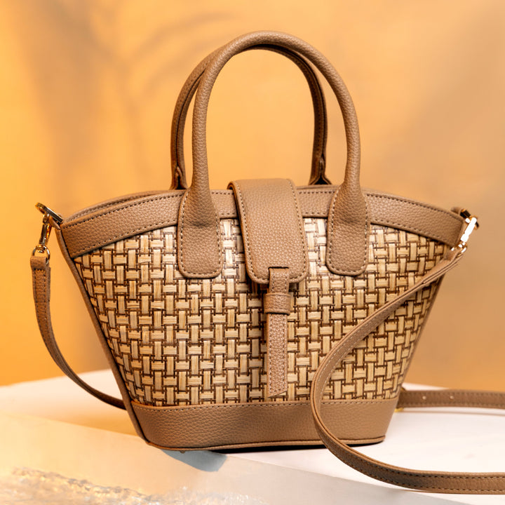 Solana Handbag – Handwoven Bamboo Cane &amp; Vegan Leather Bag (Sand Taupe) - Suave Bags  