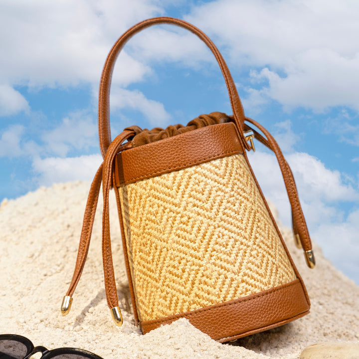 The Amara Bucket – Woven Bamboo Cane &amp; Vegan Leather Handbag (Caramel sand) - Suave Bags  