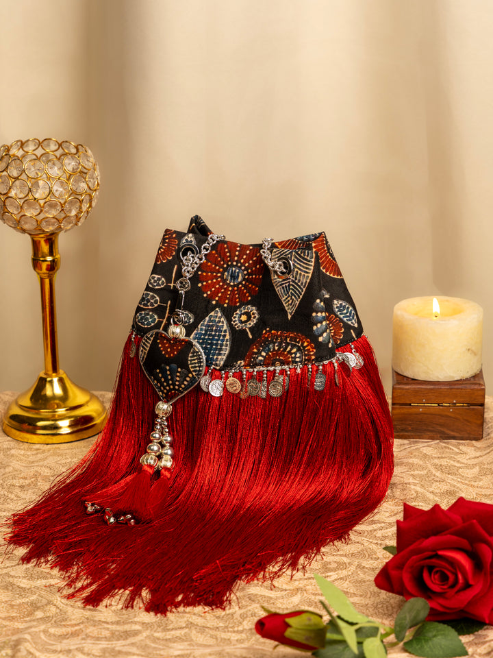 Red Jharoka Ajrakh Fringe Bag - Suave Bags  