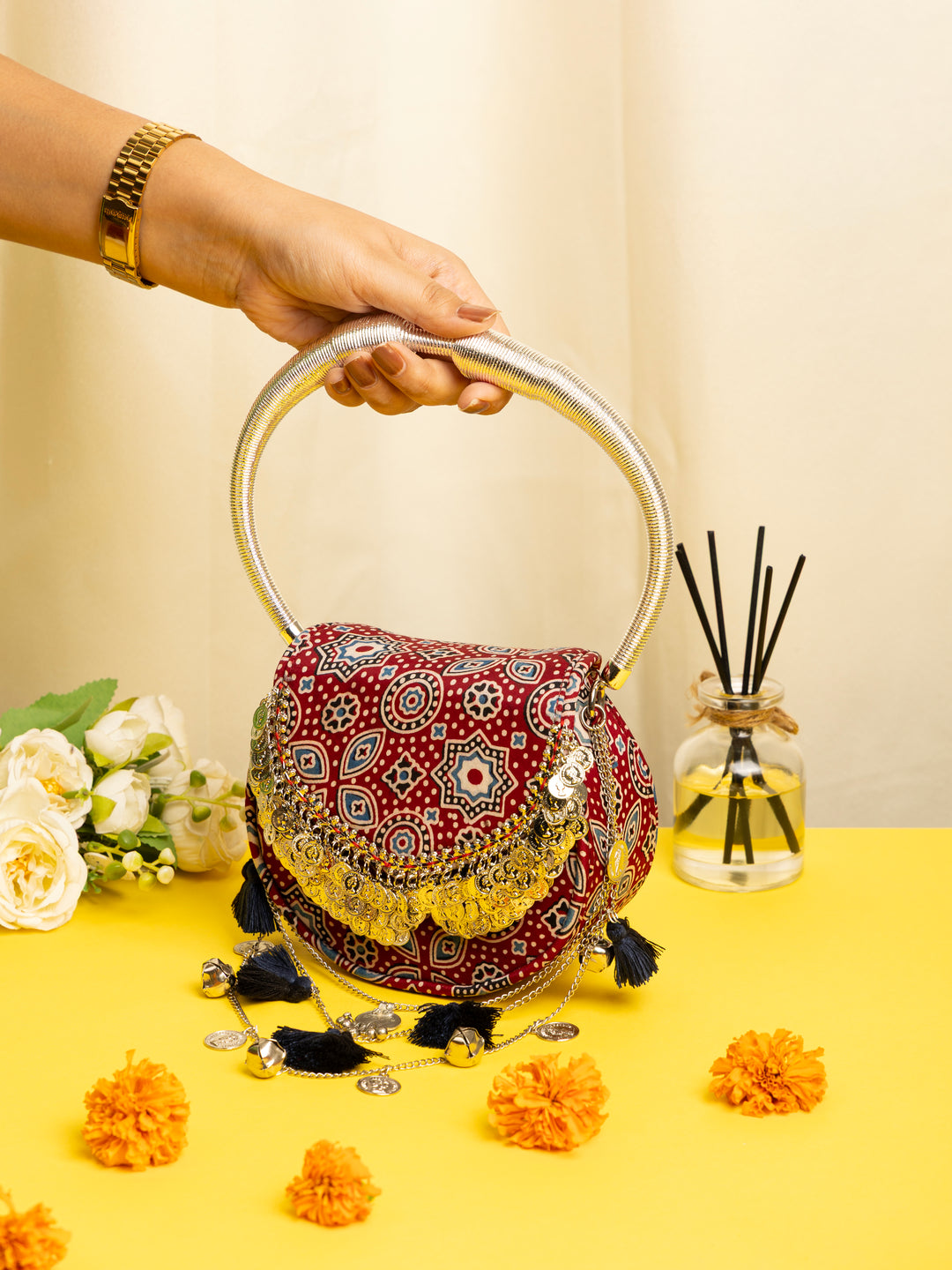 Maroon Jhoomar Ajrakh Handbag - Suave Bags  #