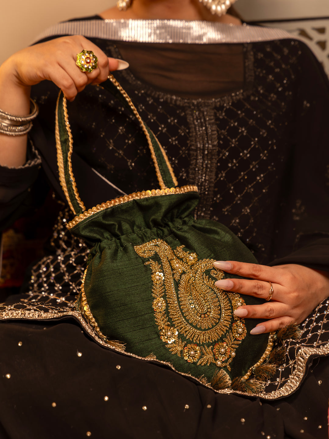 Gulzaar potli bag - Bottle green - Suave Bags  #