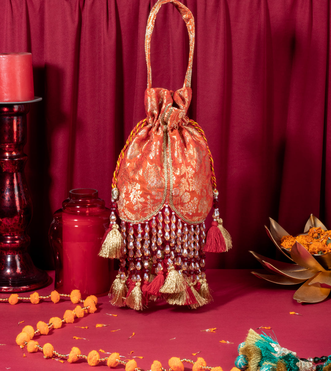 Orange Meera Tasseled Potli - Suave Bags  #