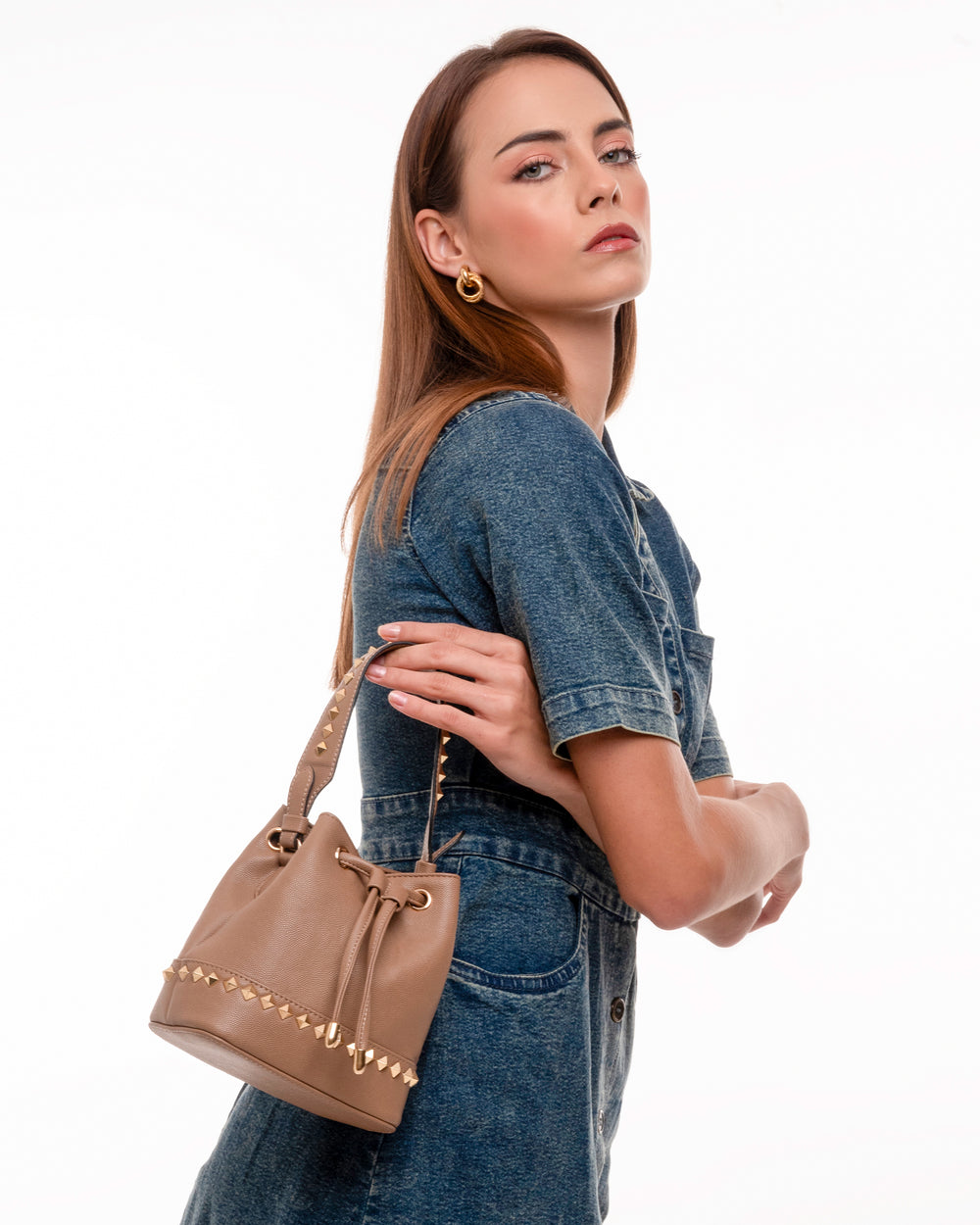 Tan Kelli Rockstud Bucket Bag - Suave Bags  #